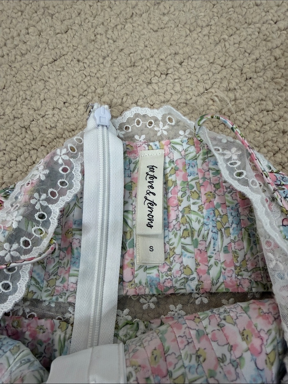 For Love And Lemons Floral Lace-Trim Mini Dress in Pink, White, Green - Picture 2 of 3